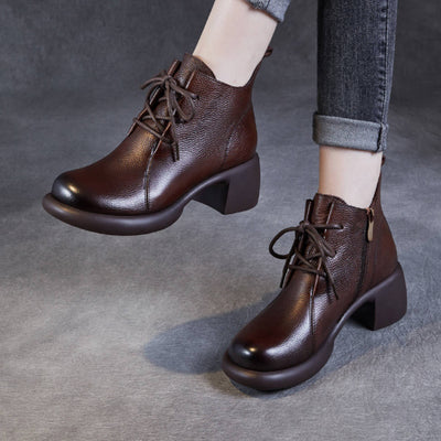 Retro Leather Chunky Elegant Lace-Up Zipper Ankle Boots