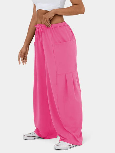 Women Casual Loose Solid Color Elastic Waist Lace-Up Pants