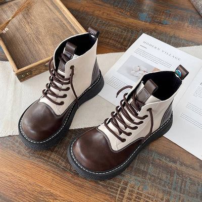 Women Retro Leather Patchwork Platform Lace-Up Ankle Boots
