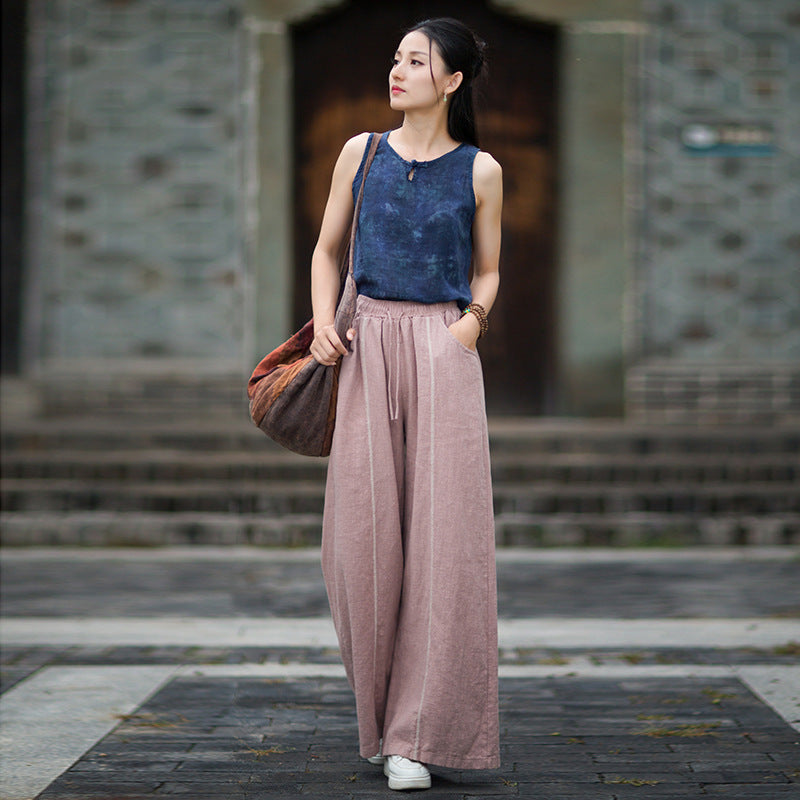Autumn Ramie Washed Striped Loose Elastic Waist Pants