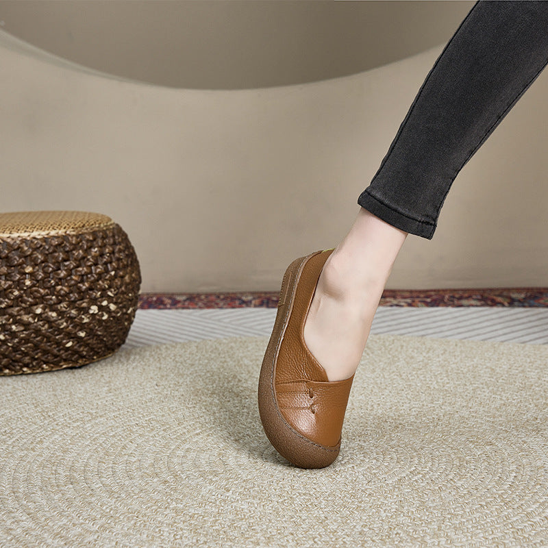 Genuine Leather Round Toe Rubber Soft Sole Shallow Flats