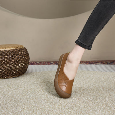 Genuine Leather Round Toe Rubber Soft Sole Shallow Flats