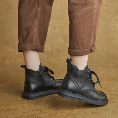 Women Winter Leather Soft Flat Sole Lace-Up Zipper Ankle Boots