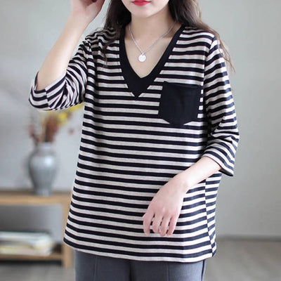 100% Cotton V-Neck Striped Pocket 3/4 Sleeves Pull-overs