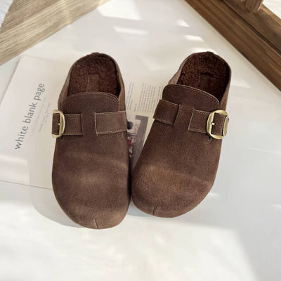 Retro Leather Sueded Round Wide Toe Warm Sole Flat Slippers