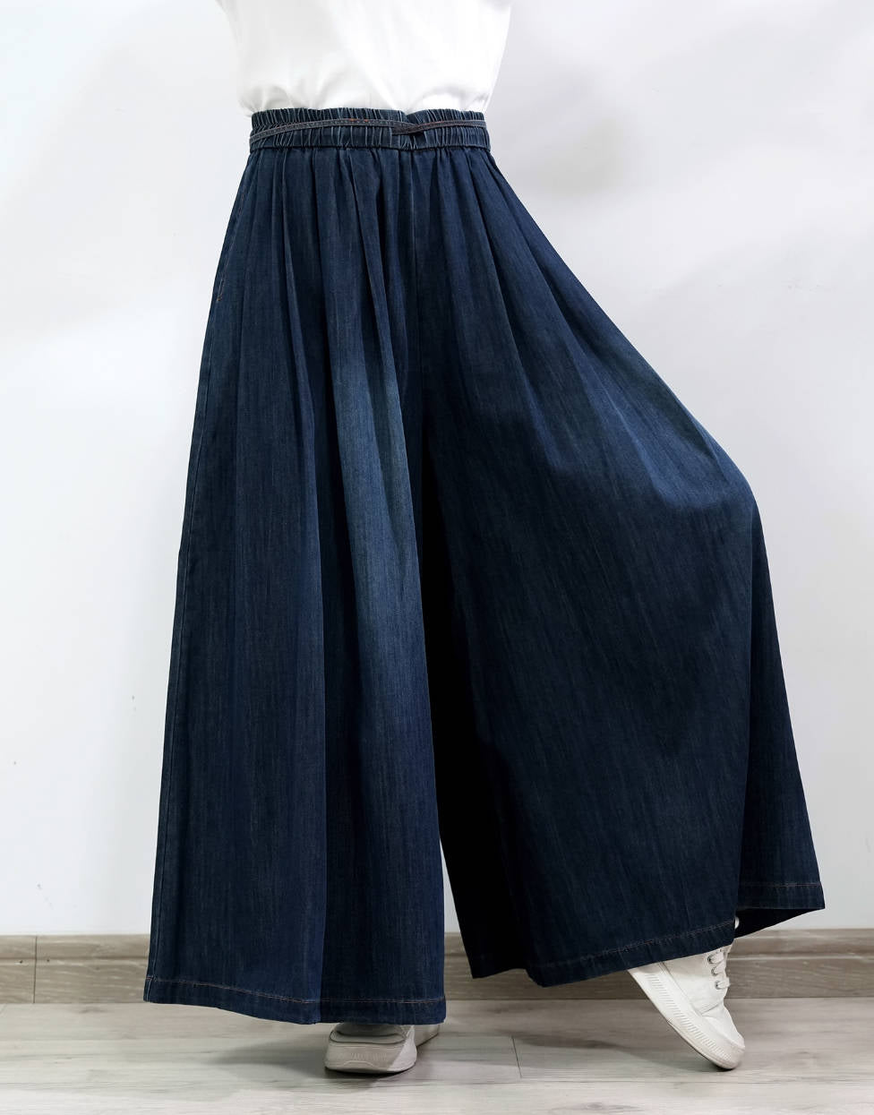 Women Retro Denim Blue Loose High Elastic Waist Lace-Up Jeans