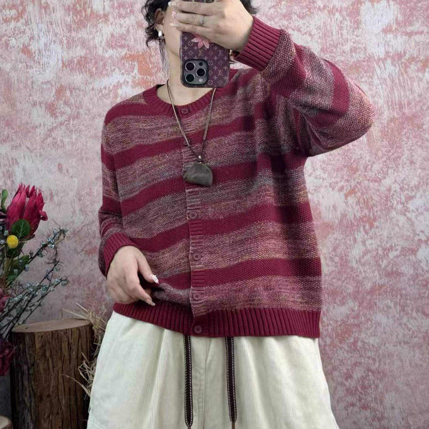 Cotton Patchwork Round Neck Striped Casual Long Sleeves Cardigan