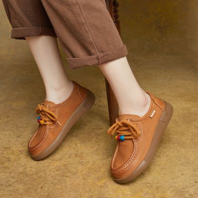 Vintage Leather Round Toe Soft Flat Sole Loafer Lace Up Shoes