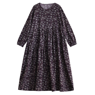 Babakud Women Autumn Retro Loose Cotton Linen Printed Floral Dress