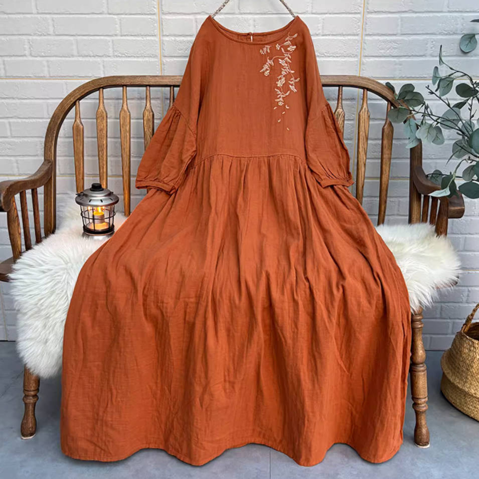 Retro Cotton Embroidered Lantern Sleeves Plus Size Dress
