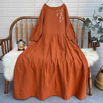 Retro Cotton Embroidered Lantern Sleeves Plus Size Dress