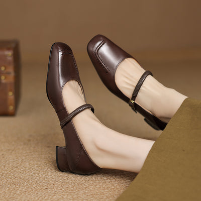 Vintage Leather Square Toe One Straped Chunky Shoes