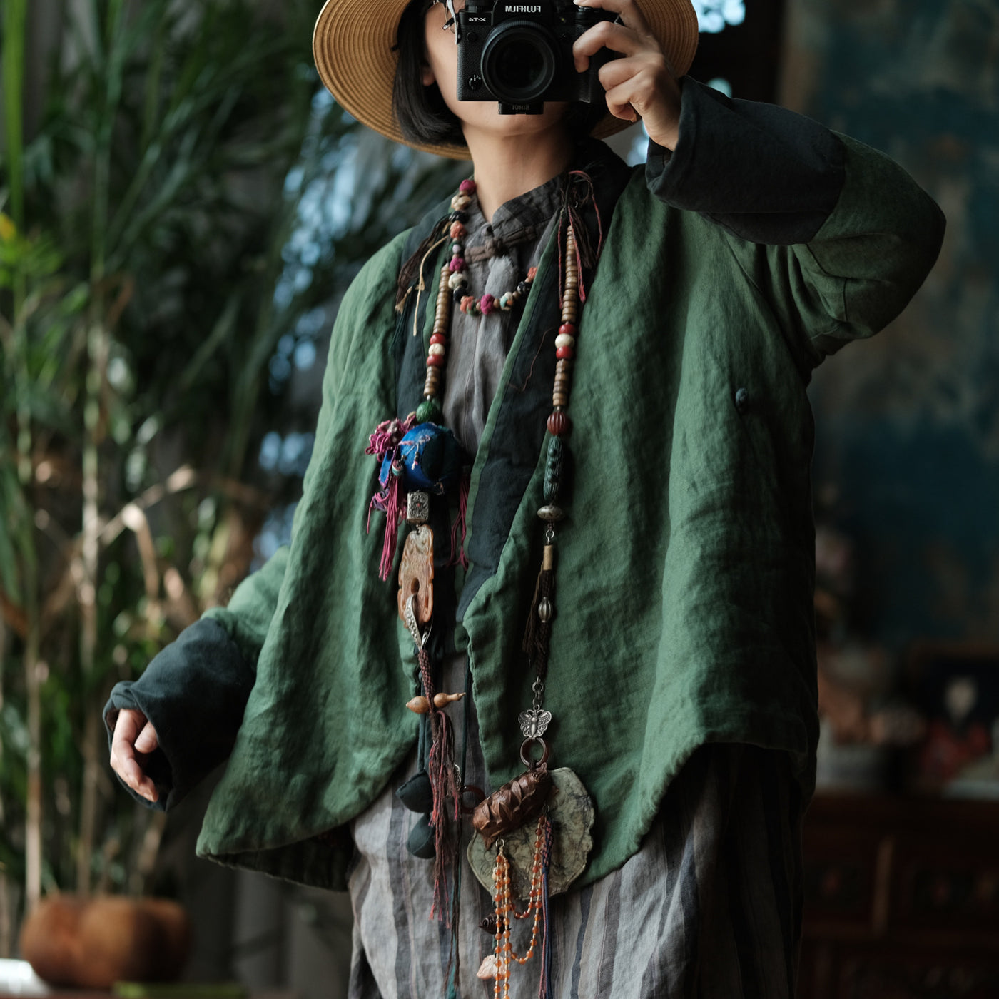 Women Retro Autumn Linen Thick V-Neck Plus Size Coat