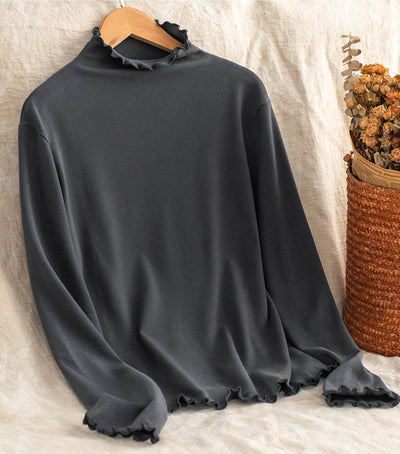 Women 100% Cotton Ruffled Collar Soft Slim Long Sleeves Tops