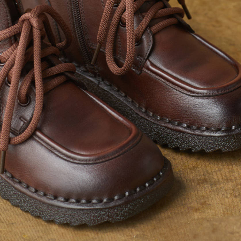 Women Winter Leather Soft Flat Sole Lace-Up Zipper Ankle Boots