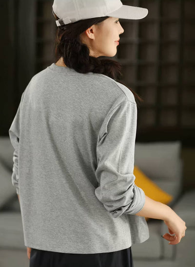 Versatile Cotton Round Neck Embroidered Pearl Long Sleeves Shirt