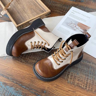 Women Retro Leather Patchwork Platform Lace-Up Ankle Boots