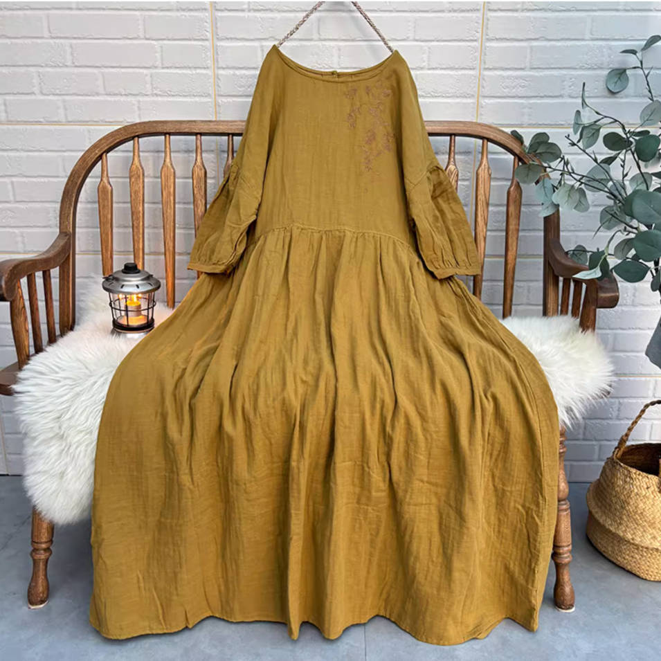 Retro Cotton Embroidered Lantern Sleeves Plus Size Dress