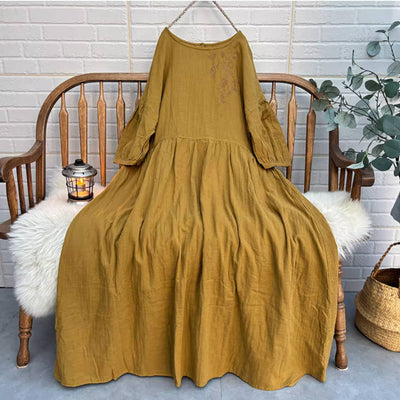 Retro Cotton Embroidered Lantern Sleeves Plus Size Dress