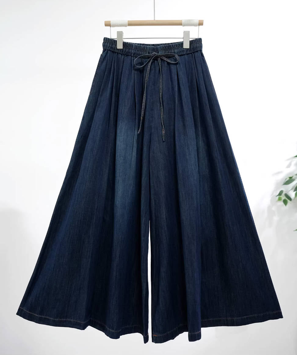 Women Retro Denim Blue Loose High Elastic Waist Lace-Up Jeans