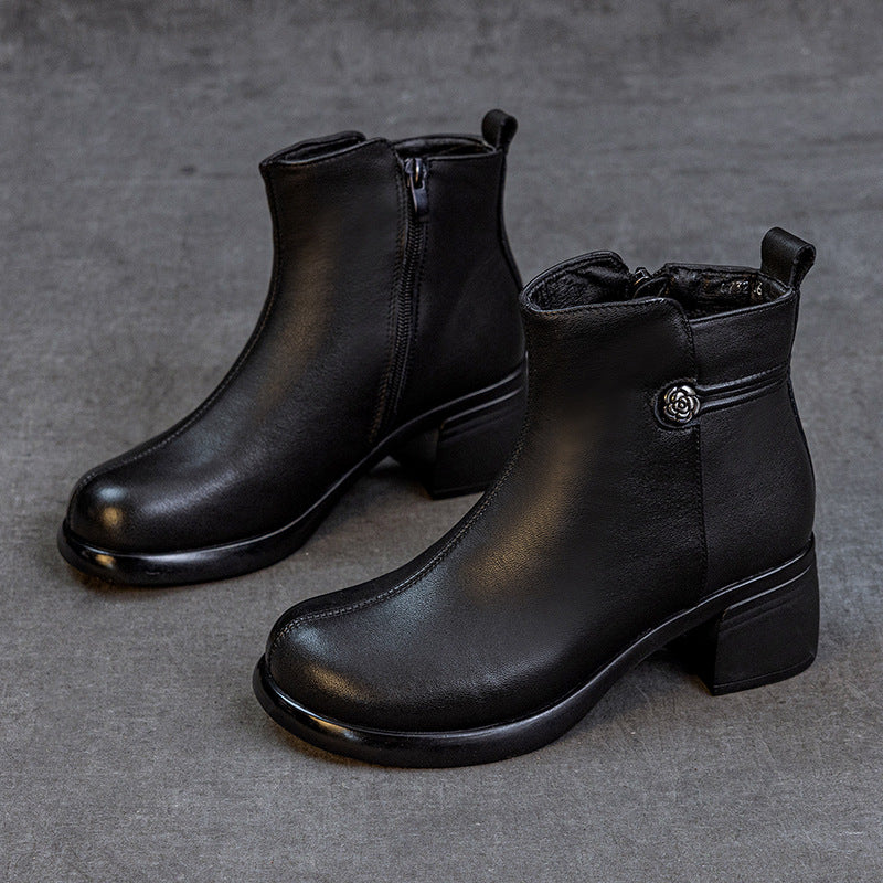 Genuine Leather Retro Elegant Chunky Versatile Zipper Ankle Boots