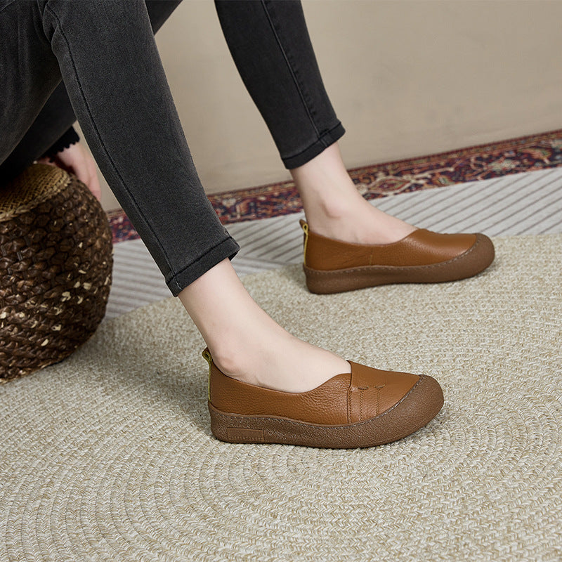 Genuine Leather Round Toe Rubber Soft Sole Shallow Flats