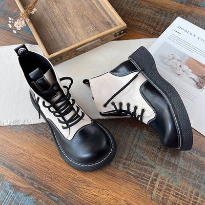 Women Retro Leather Patchwork Platform Lace-Up Ankle Boots