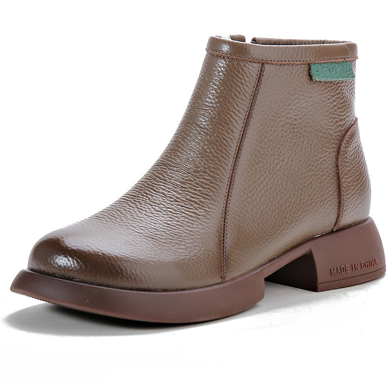 Genuine Leather Elegant Soft Sole Chunky Simple Zipper Ankle Boots
