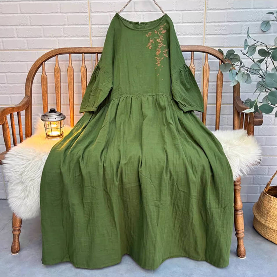 Retro Cotton Embroidered Lantern Sleeves Plus Size Dress
