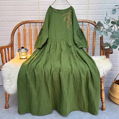 Retro Cotton Embroidered Lantern Sleeves Plus Size Dress