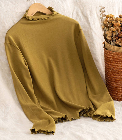 Women 100% Cotton Ruffled Collar Soft Slim Long Sleeves Tops