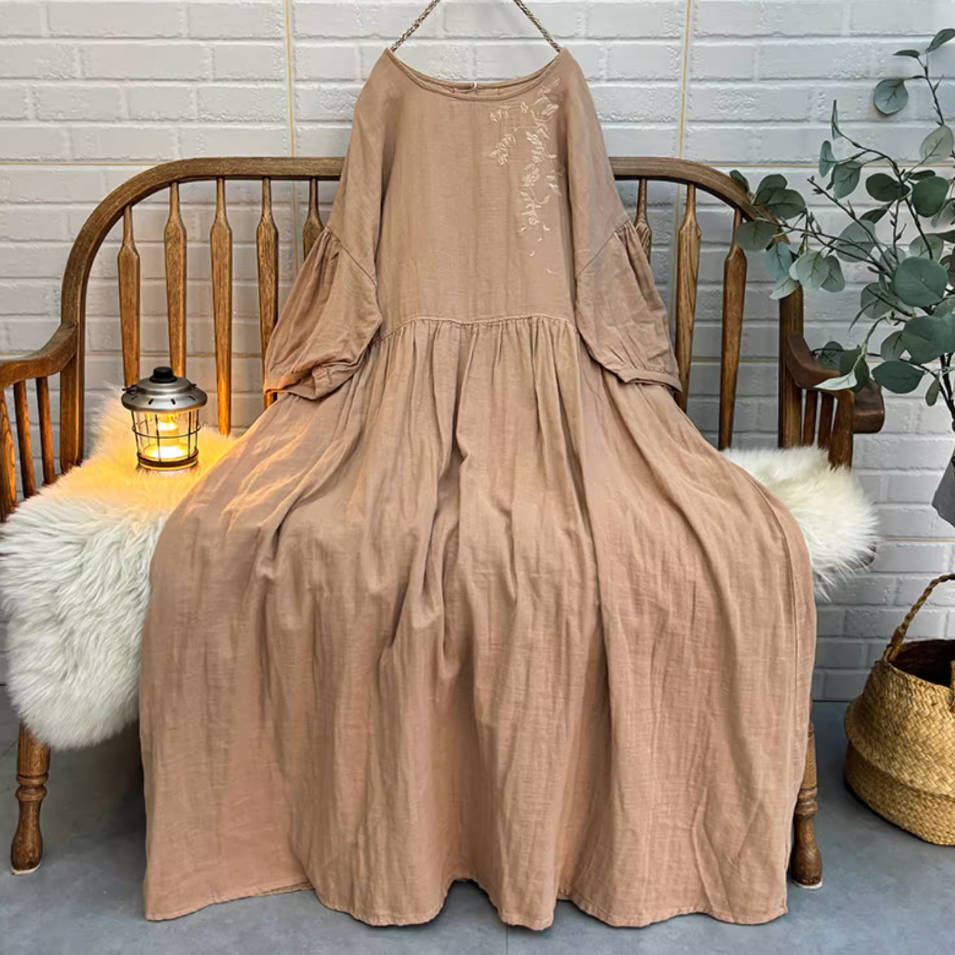 Retro Cotton Embroidered Lantern Sleeves Plus Size Dress