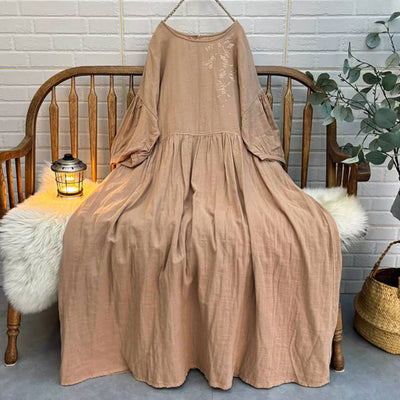 Retro Cotton Embroidered Lantern Sleeves Plus Size Dress