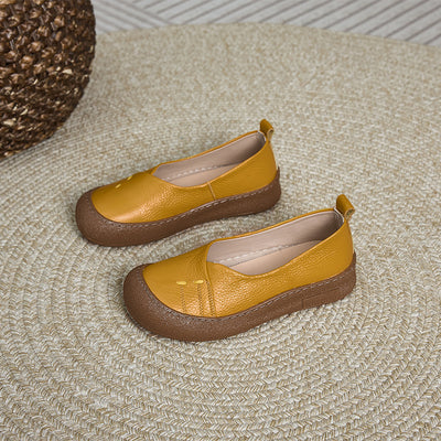 Genuine Leather Round Toe Rubber Soft Sole Shallow Flats