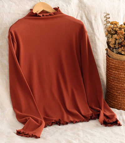 Women 100% Cotton Ruffled Collar Soft Slim Long Sleeves Tops