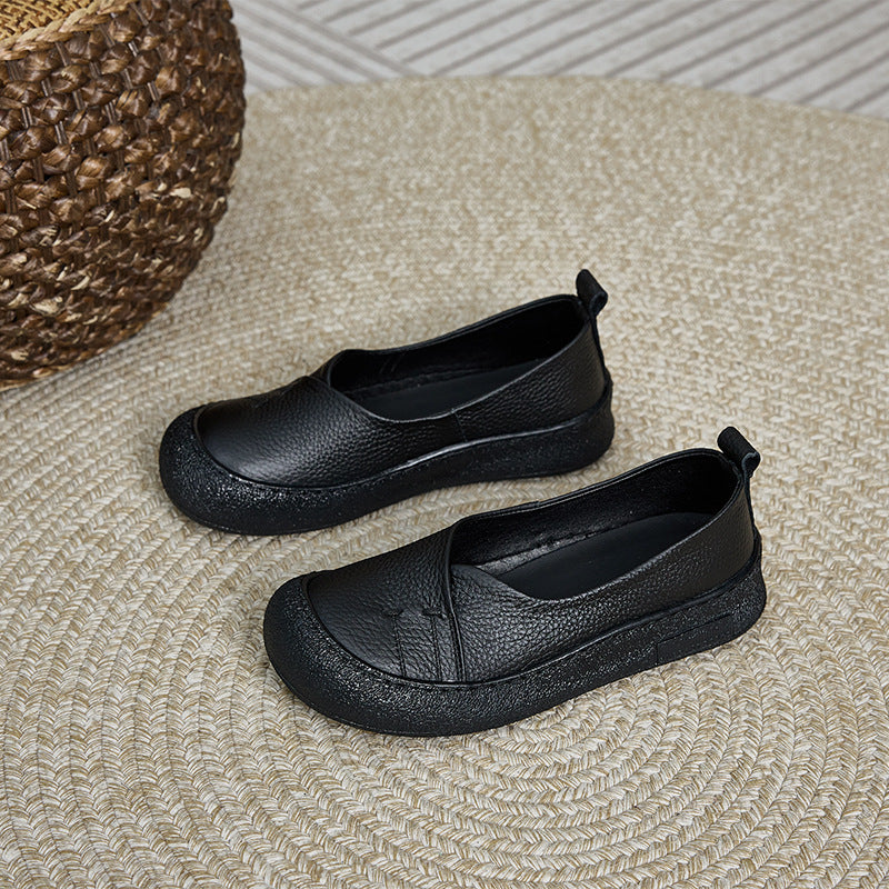 Genuine Leather Round Toe Rubber Soft Sole Shallow Flats