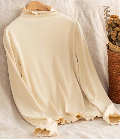 Women 100% Cotton Ruffled Collar Soft Slim Long Sleeves Tops