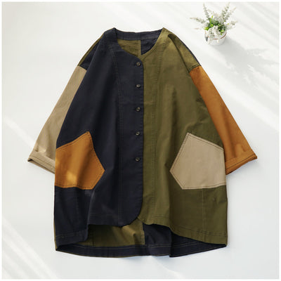 Plus Size Women Retro Color Block Mid-Length Loose Jacket