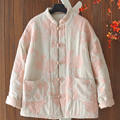 Chinese Style Stand Collar Floral Printed Frog Button Cotton-In Coat