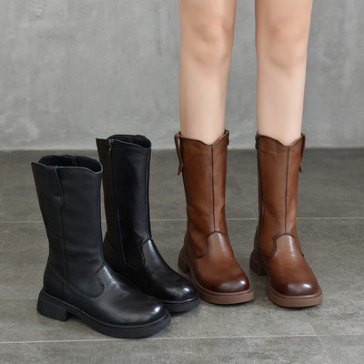Retro Top Leather Soft Sole Low Heeled Zipper Mid-Calf Boots