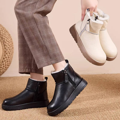 Winter Leather Warm Soft Flat Sole Wool-In Zipper Ankle Boots