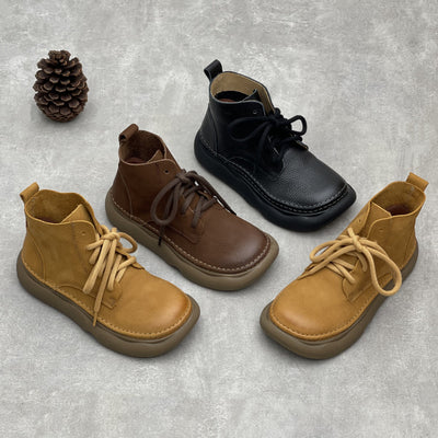 Women Retro Leather Wide Toe Lace Up Ankle Boots