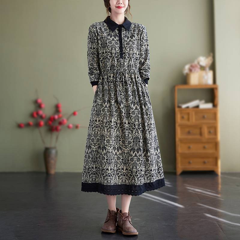 Retro Linen Floral Printed Shirt Collar Long Sleeves Lace Hem Dress