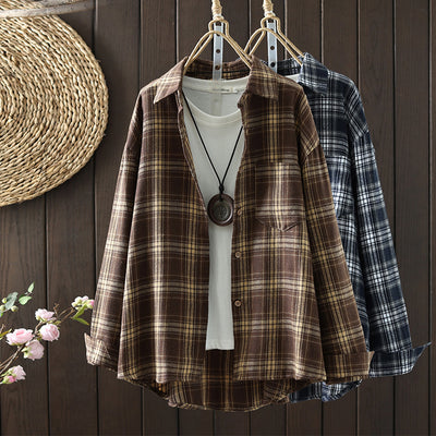 Vintage Plaid Casual Shirt Long Sleeve Oversized Thin Blouse