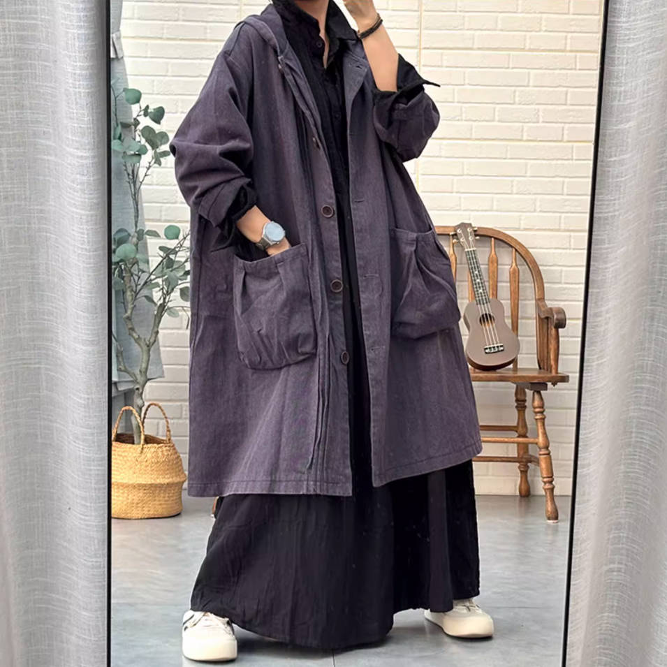 Casual Cotton Plus Size Loose Hoodies Big Pockets Long Coat
