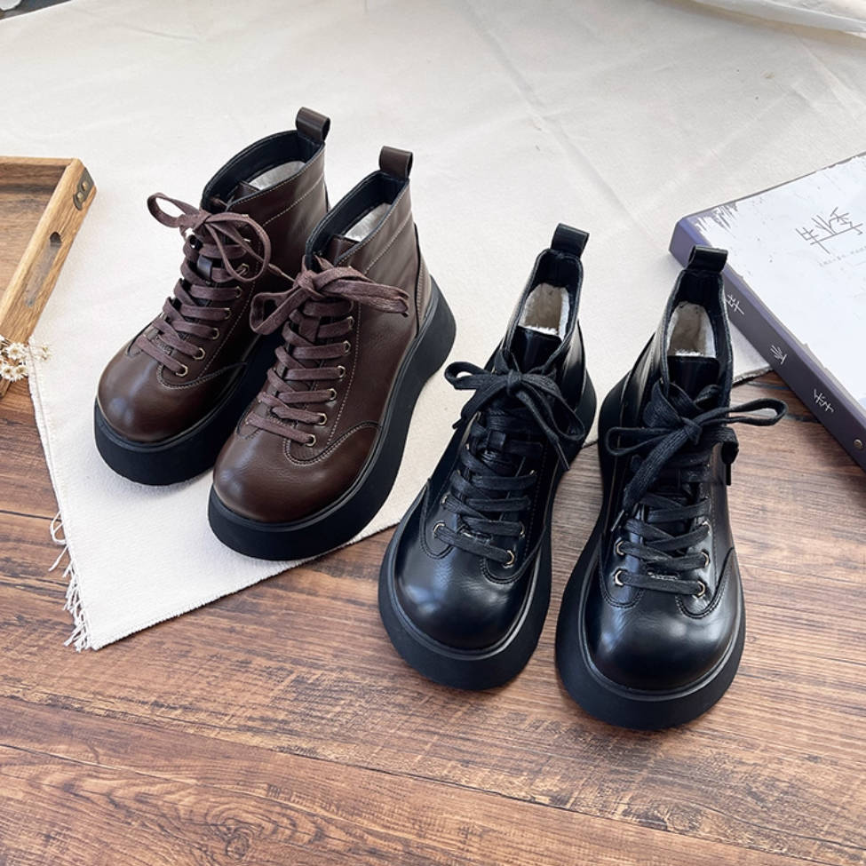 Women Retro Leather Trendy Round Toe Lace-Up Fashion Ankle Boots