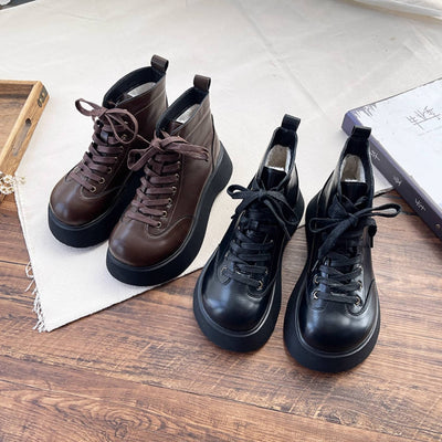 Women Retro Leather Trendy Round Toe Lace-Up Fashion Ankle Boots