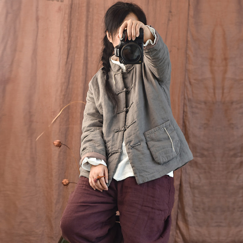 Winter Warm Ramie Cotton-In Stand Collar Frog Button Loose Coat