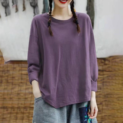 Autumn 100% Cotton Solid Color Round Neck Long Sleeves Pull o vers