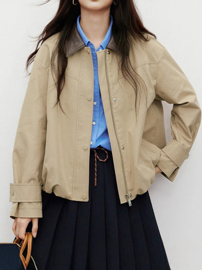 Khaki Casual Autumn Lapel Patchwork Short Coat